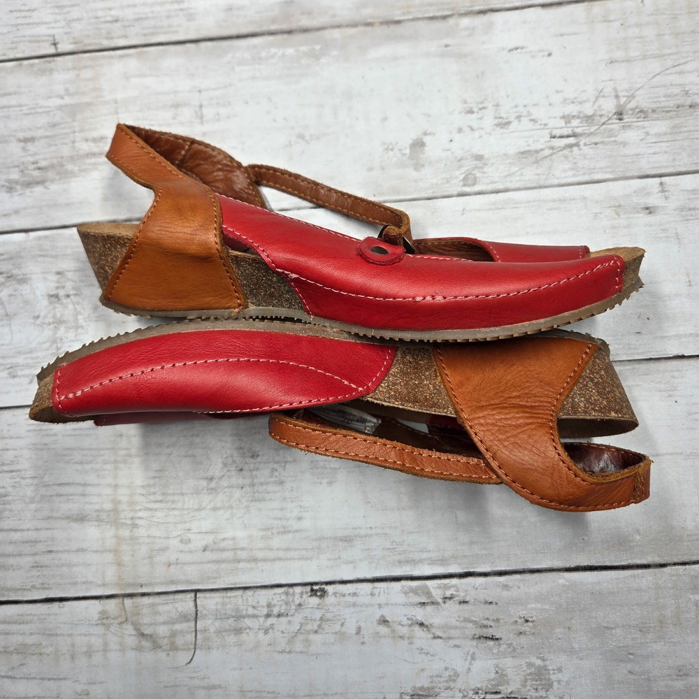 Sergio Tomani Leather Peep Toe Wedge Sandals Women 37 Red Brown Boho Buckle - Picture 5 of 9